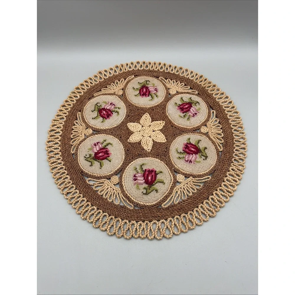 Vintage Rattan Wicker Round Table Placemat Centerpiece Needlepoint Floral 18